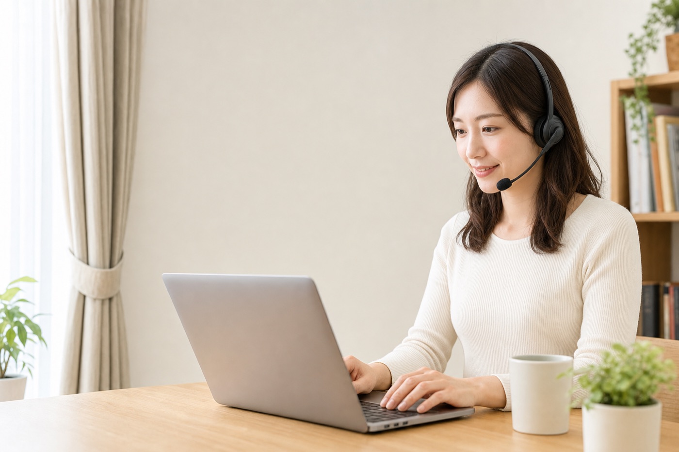自宅でノートパソコンとヘッドセットを準備する成人女性
