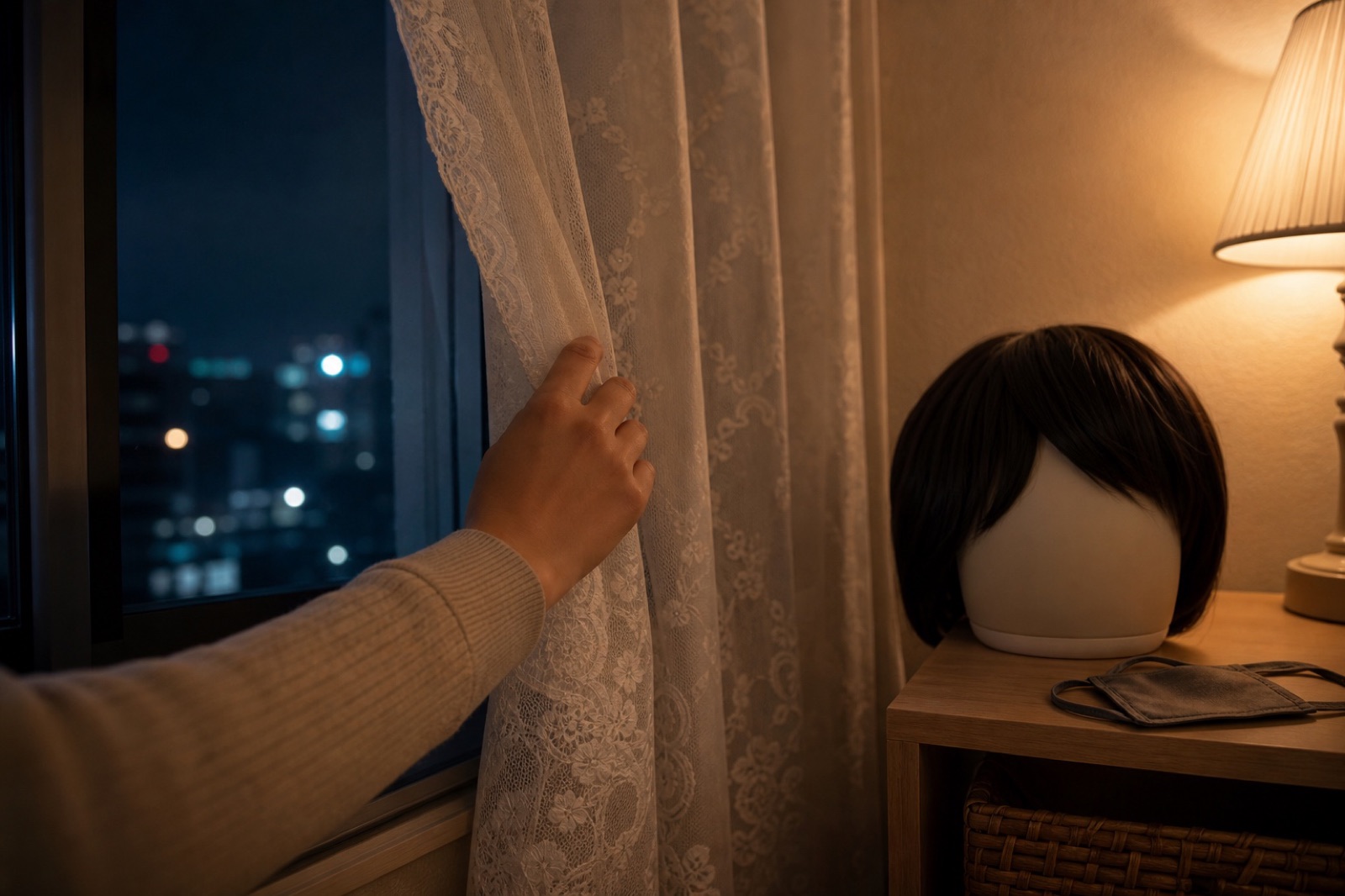 夜の部屋でカーテンを閉める女性